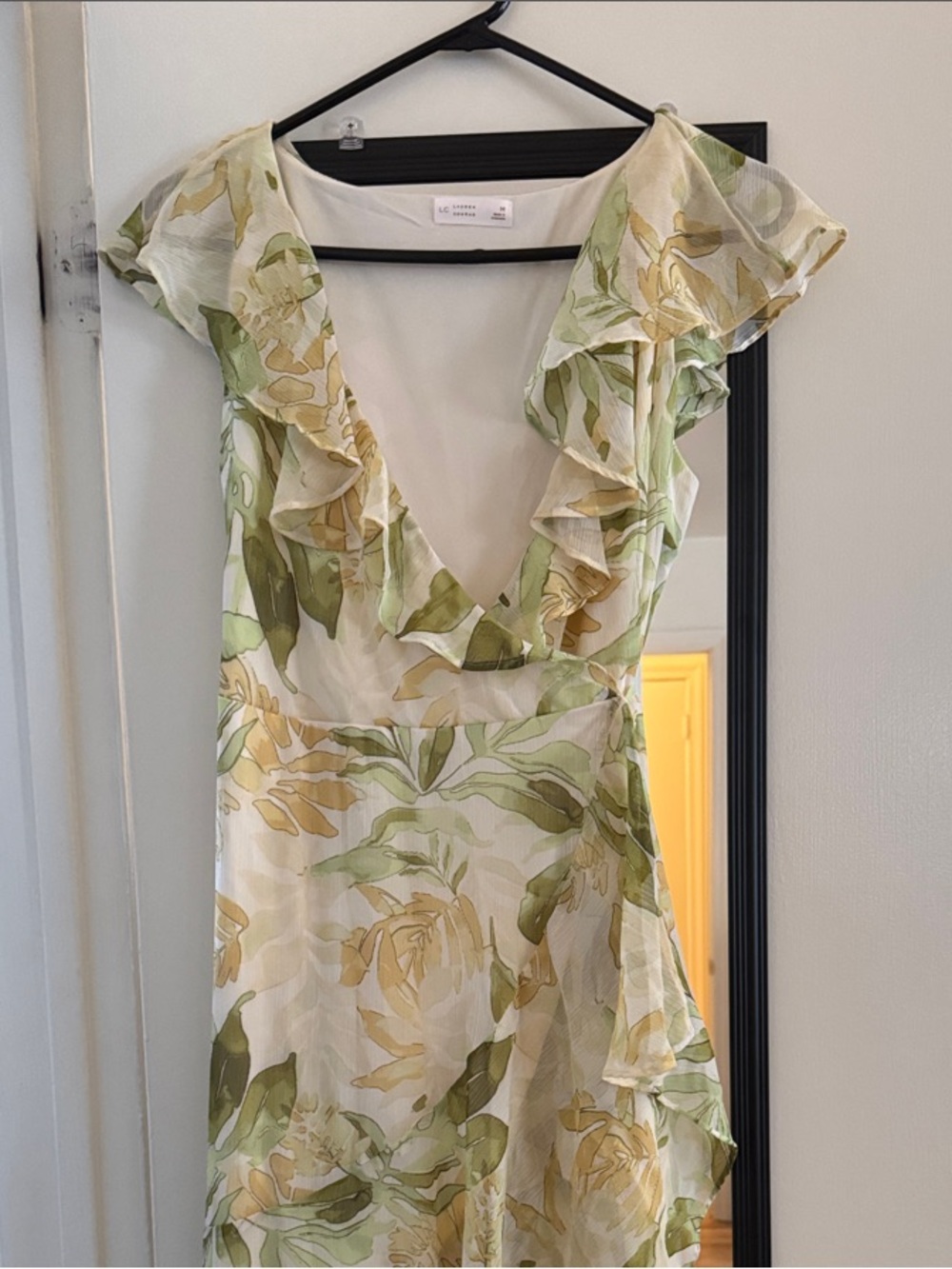 LC Lauren Conrad Green and Cream Floral Ruffle V-Neck Maxi Dress